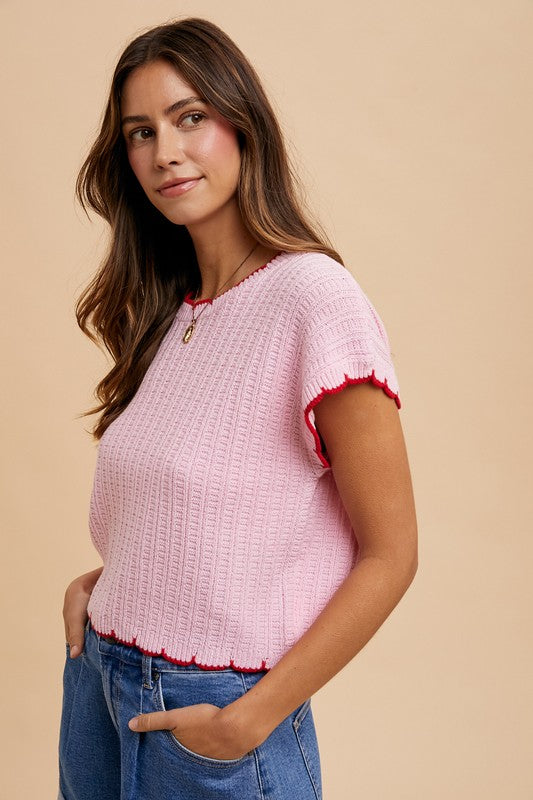 Contrast Scallop Edge Detail Pointelle Sweater Top