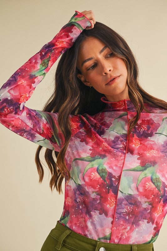 Multi Floral Print Mesh Mock Neck Thumbs Up Top