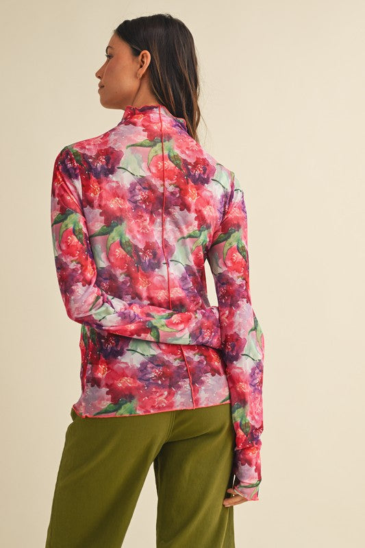 Multi Floral Print Mesh Mock Neck Thumbs Up Top