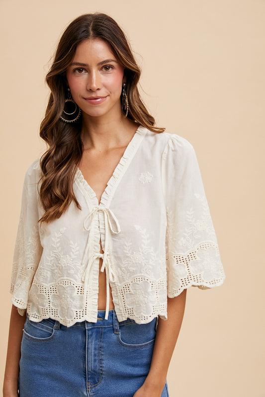 FLORAL EMBROIDERY TIE FRONT BLOUSE